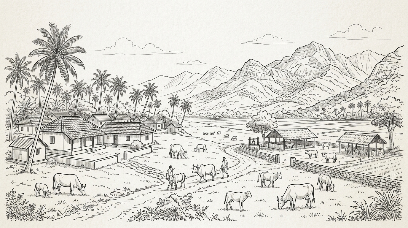 South Indian village farm sketch backdrop